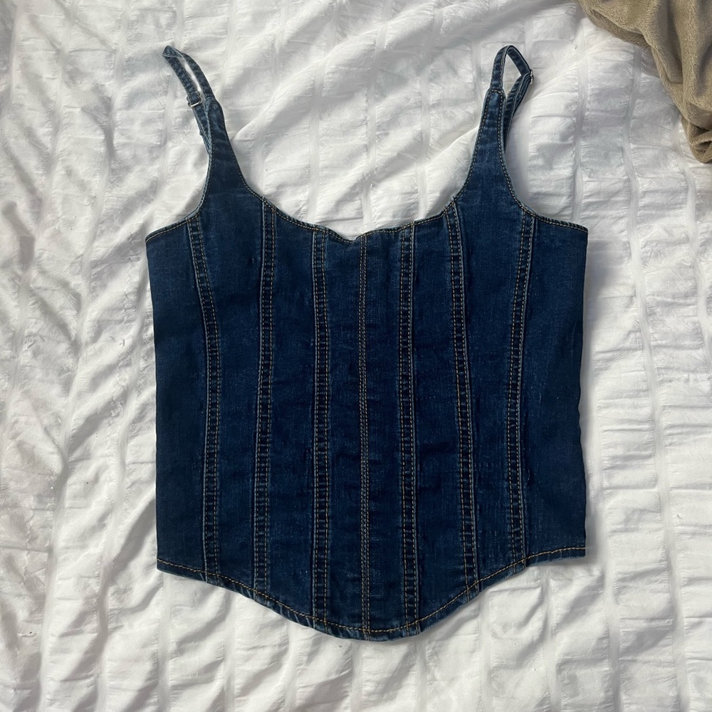 Navy blue denim corset top from Adika. no flaws. super cute but too small on me.